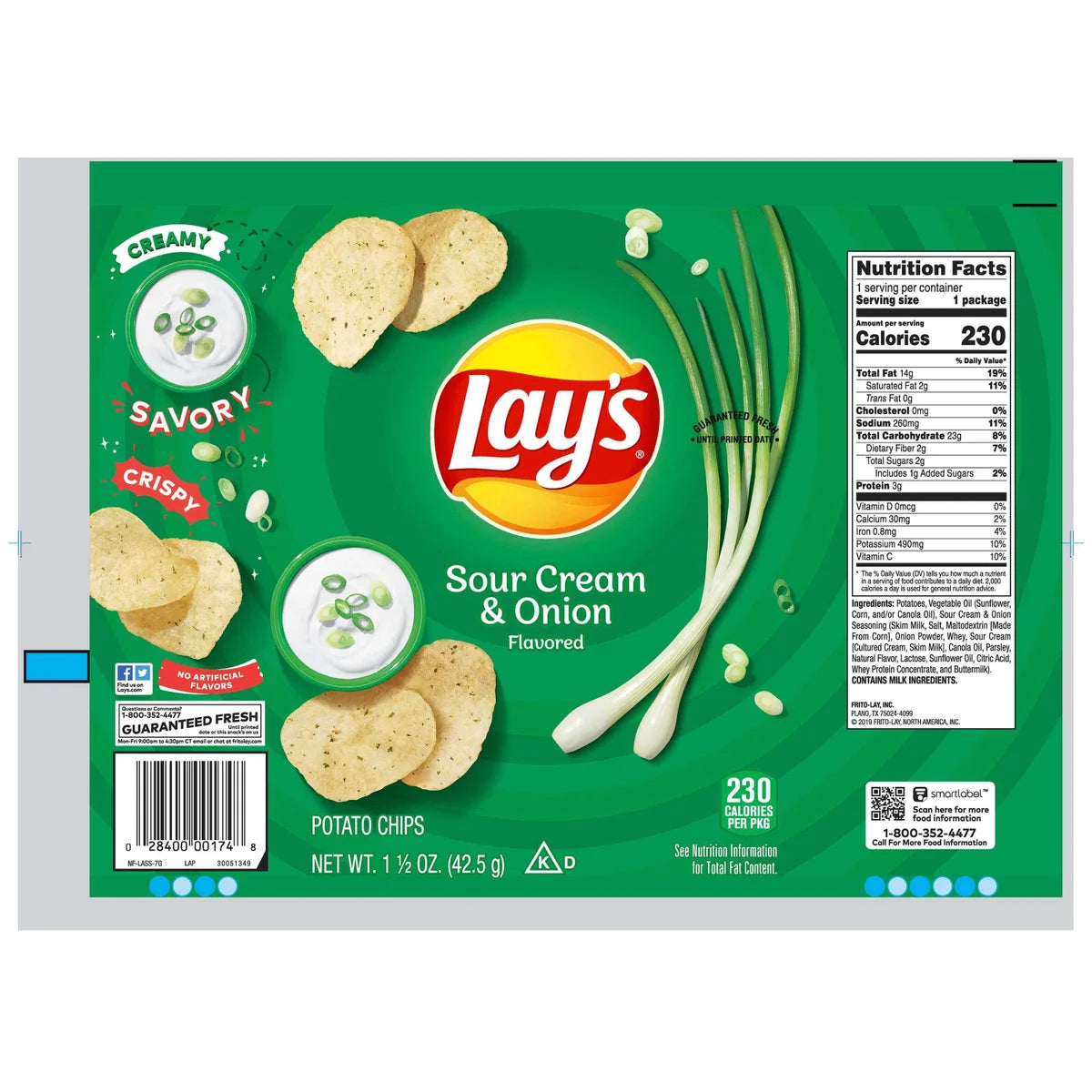 Lays Potato Chips Sour Cream and Onion Single Serve, 2 1/4oz - (24 Pack)