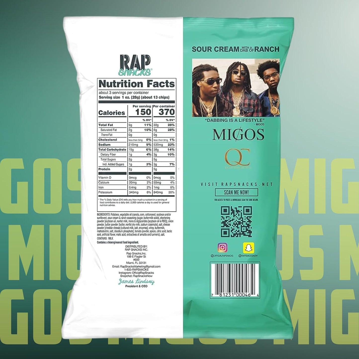 Rap Snacks Migos Sour Cream with a Dab of Ranch Potato Chips 2.5 Oz