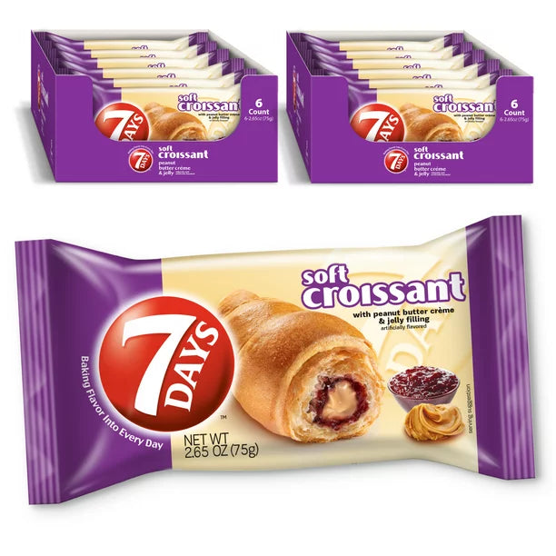 7Days Soft Croissant, Peanut Butter Creme & Jelly, Breakfast Pastry Snacks (6 Pack)