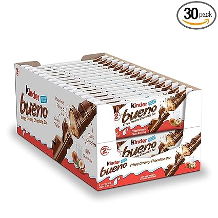 Kinder Bueno Milk Chocolate and Hazelnut Cream, 2 Individually Wrapped Chocolate Bars Per Pack, 1.5 oz each, (30 Pack)