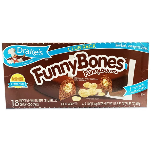 Drake's Funny Bones - Frosted Peanut Butter Creme Filled Devils Food Cakes Snack Pack - 18ct