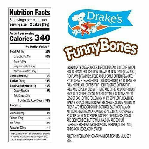 Drake's Funny Bones - Frosted Peanut Butter Creme Filled Devils Food Cakes Snack Pack - 18ct